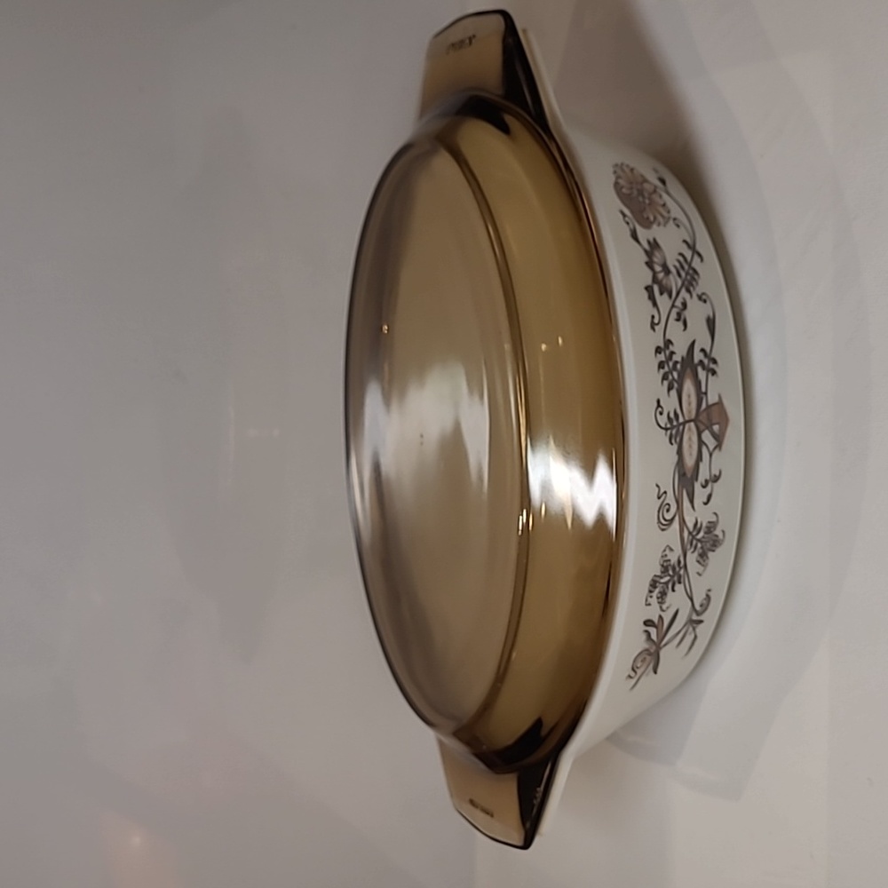 Vintage Pyrex England  oval brown floral vine patterns  w/ pyrex lid